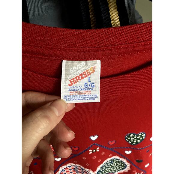 Vintage 1970's Patchwork Quilt Red Tee Shirt Large Gingham Grandma Lace Dainty - Picture 2 of 5